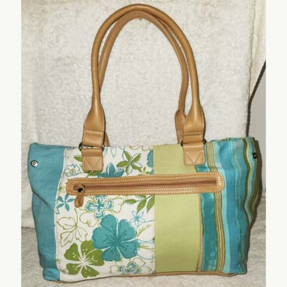 LA CABAÑA NWT X-LARGE, SEAFORM GREEN &TAN SHOULDER HANDBAG, SLIVER TONE HARDWAER - Picture 2 of 8